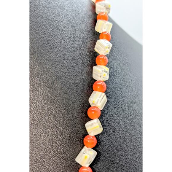 Orange Cat Eye Round & Clear Yellow Daisy Square Bead Toggle Clasp 25" Necklace - Picture 2 of 7